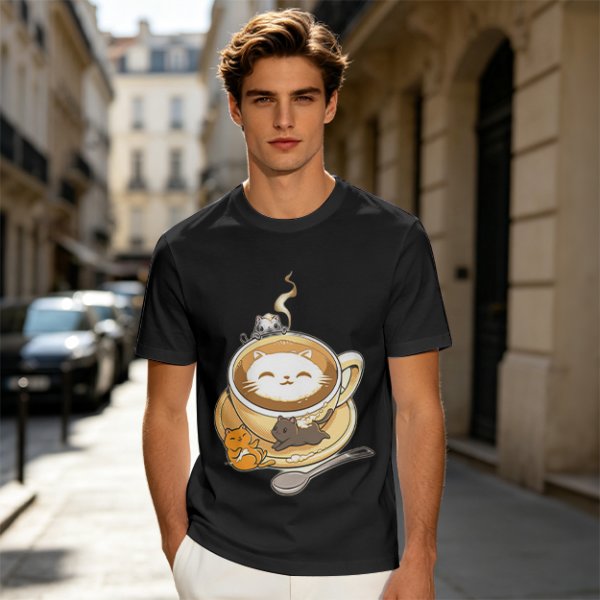 Olive Green T-Shirt With Cute Cat Latte Art And Kittens Print