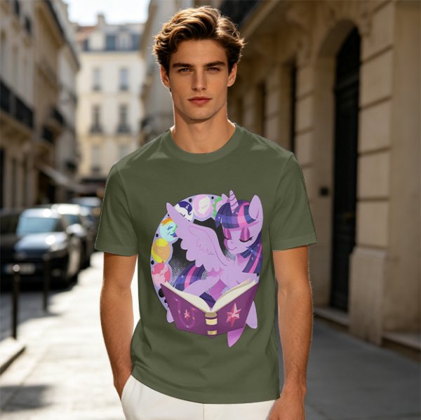 Olive T-shirt with Twilight Sparkle reading a magical book