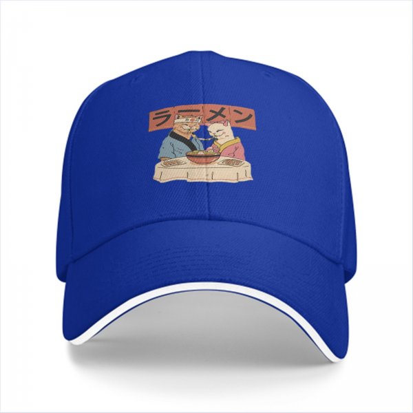 Black baseball cap with cats eating ramen graphic