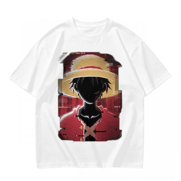 Olive T-shirt with Glitch Art Monkey D Luffy Straw Hat Print