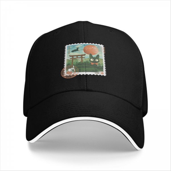 Black Baseball Cap with Anime Stamp Print Design