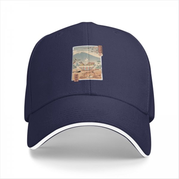 Black Baseball Cap with Ukiyo-e Style Ramen and Mount Fuji Art