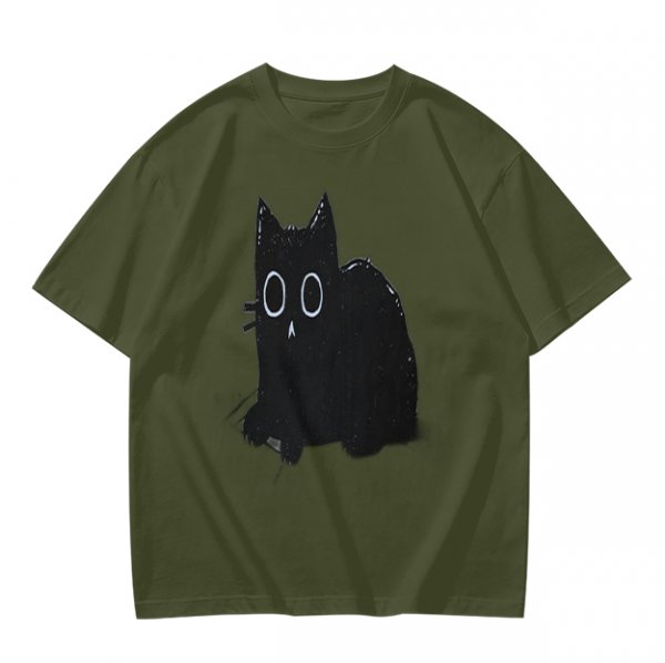 Oversized Olive T-Shirt With Black Cat Graphic Print