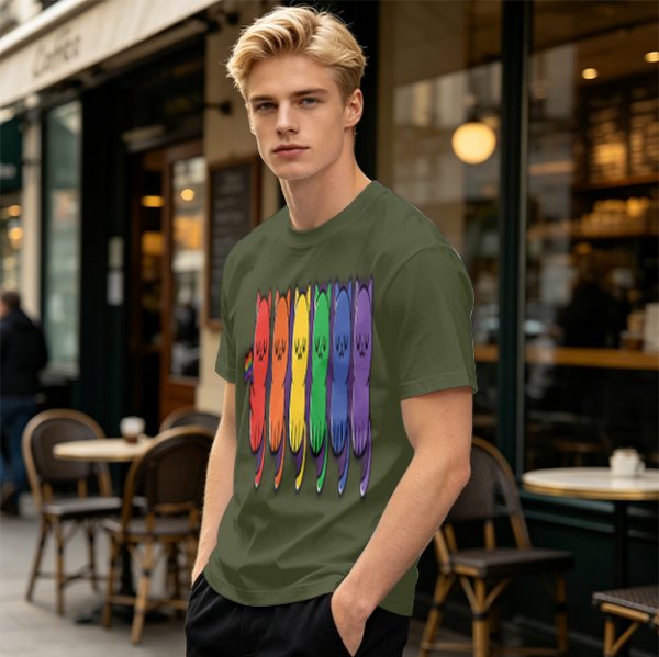Olive T-Shirt With Rainbow Pride Cats Graphic