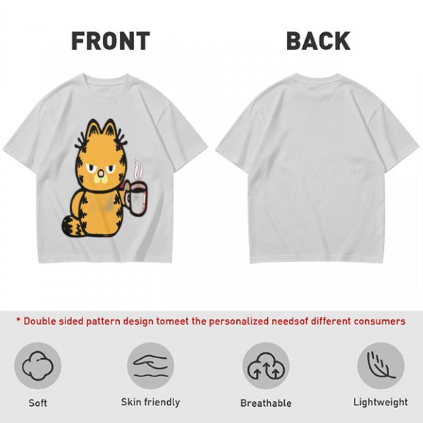 Olive T-Shirt With Grumpy Orange Cat Holding Hot Coffee Print