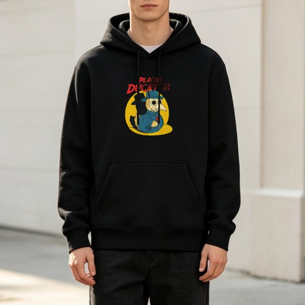 Black hoodie with Plague Ducktor graphic print