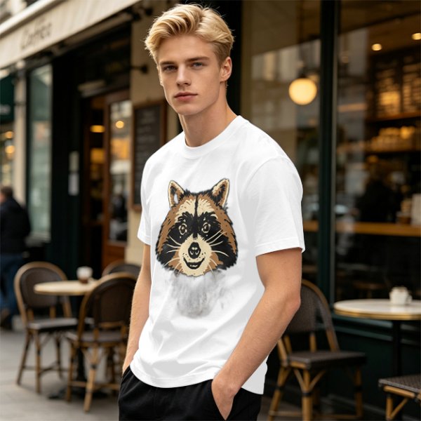 Olive Green T-Shirt With Smiling Raccoon Graphic Print