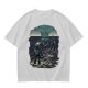 Olive T-shirt with two warriors standing in water holding swords