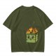 Olive Green T-Shirt With Cartoon Burning Dumpster Graphic