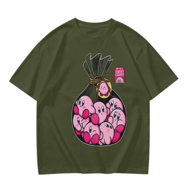 Olive T-Shirt With Cute Kirby Candy Bag Graphic