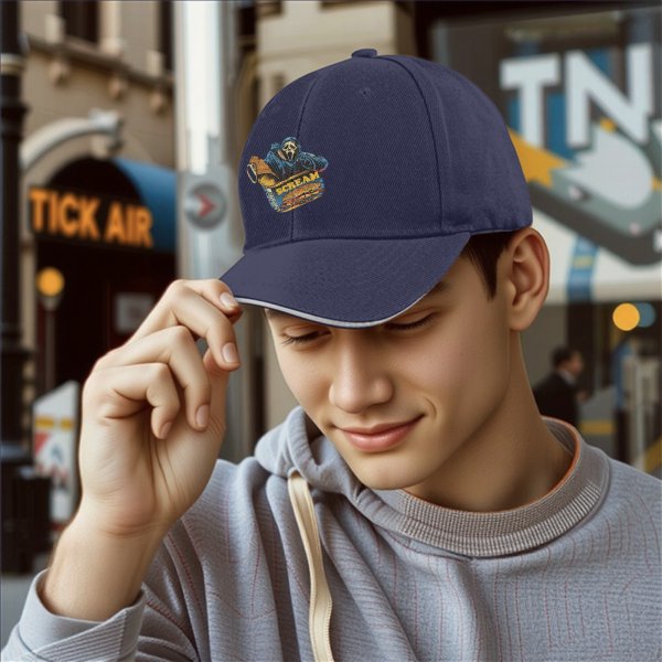 Black baseball cap with Scream Ghostface fast food themed graphic