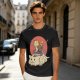 Olive T-shirt with a cat warrior riding a flying cloud graphic