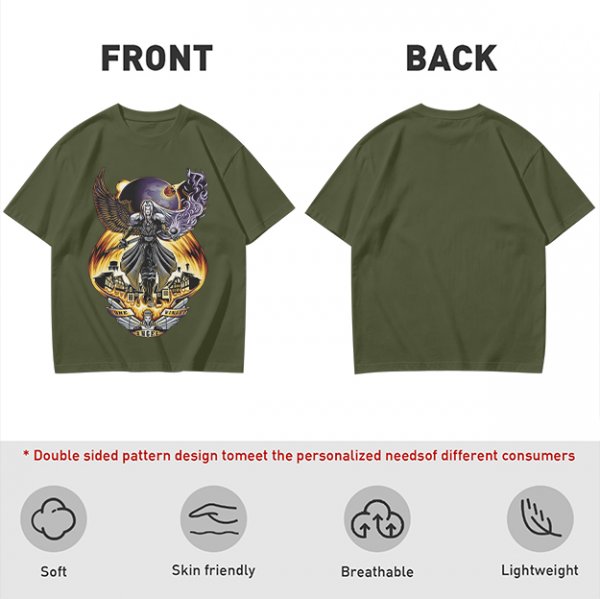 Olive T-shirt with dark fantasy winged warrior graphic print