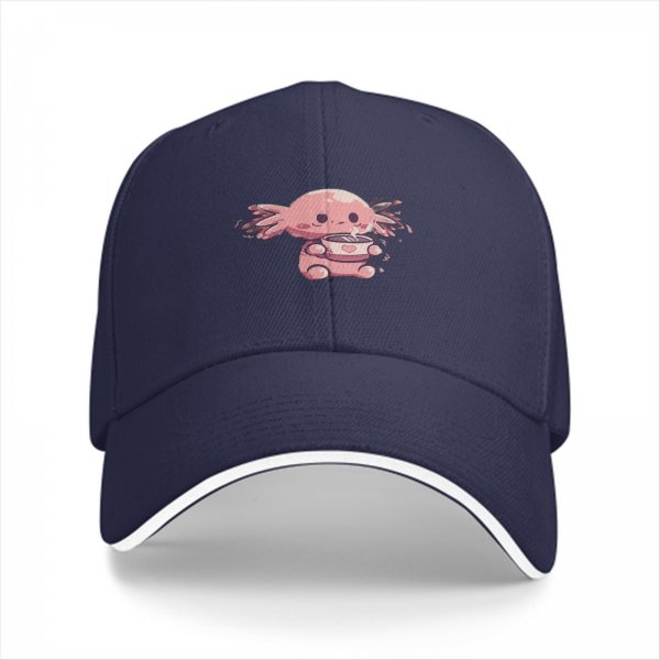 Black baseball cap with cute axolotl holding a heart mug design
