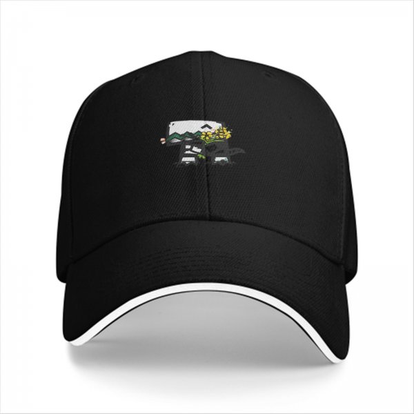 Black baseball cap with cute mushroom and yellow flowers graphic