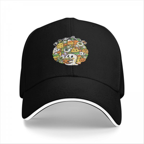 Black baseball cap with cute Halloween doodle art print