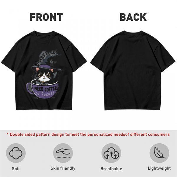 Olive t-shirt with witch cat in coffee cup 'Hocus Pocus I Need Coffee'