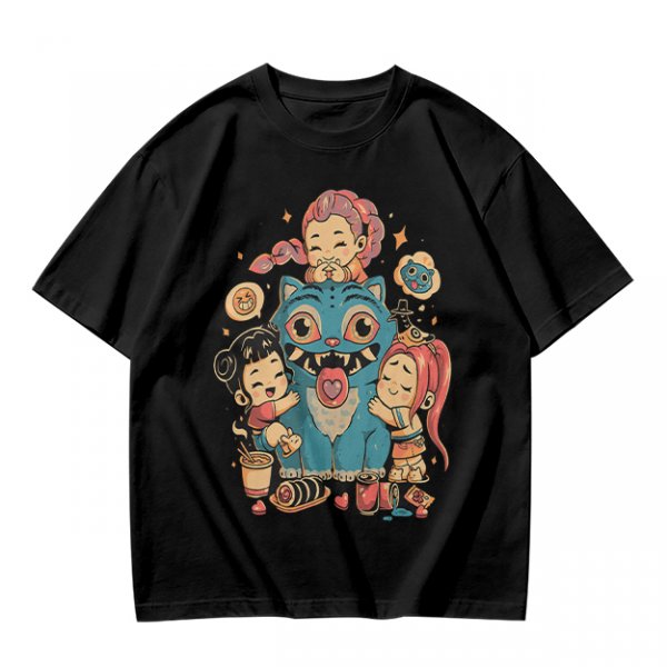Olive T-Shirt With Cute Chibi Monster And Girls Graphic Print
