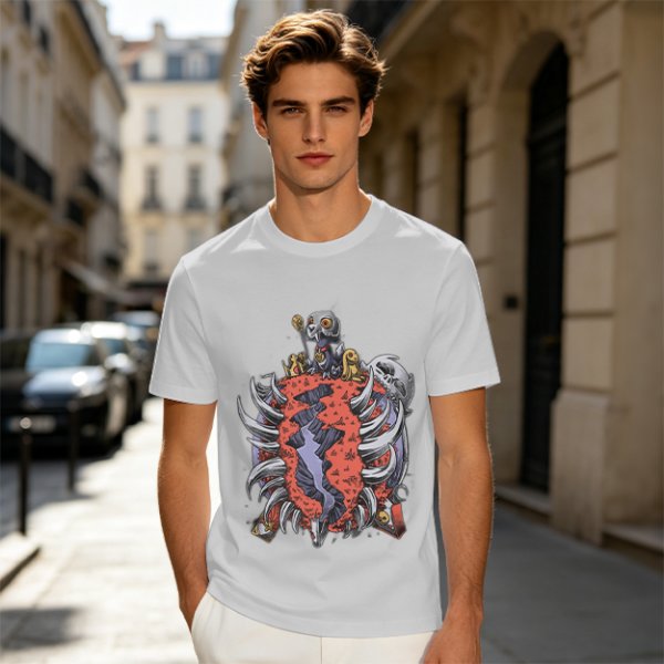 Olive T-Shirt with Dark Fantasy Monster Skeleton Art Print