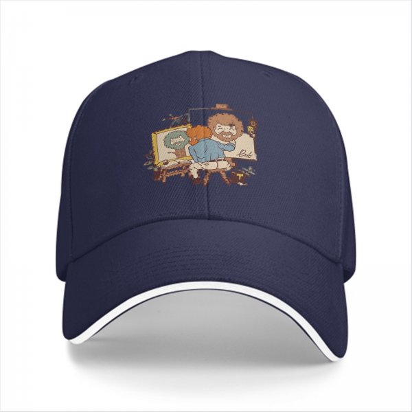 Black Baseball Cap With Bob Ross Painting Cartoon Art Print