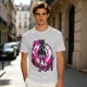 Olive anime cat character graphic t-shirt with pink abstract background