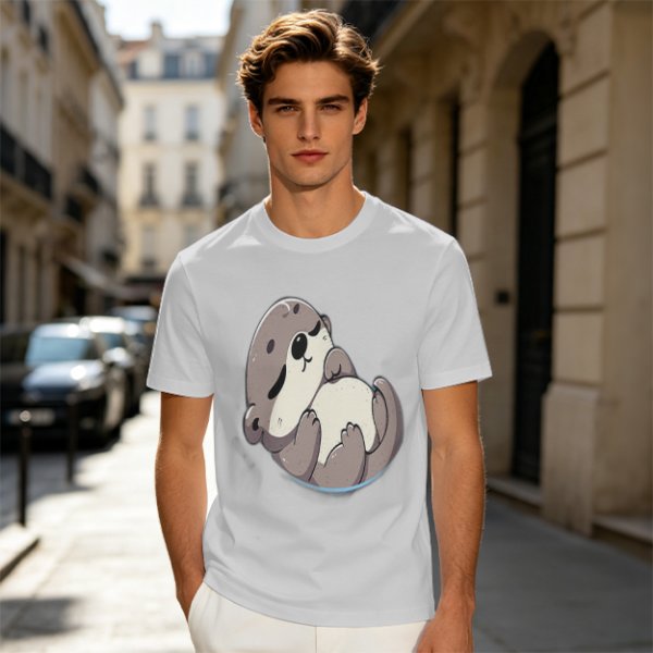 Olive Green T-Shirt with Cute Sleeping Otter Graphic