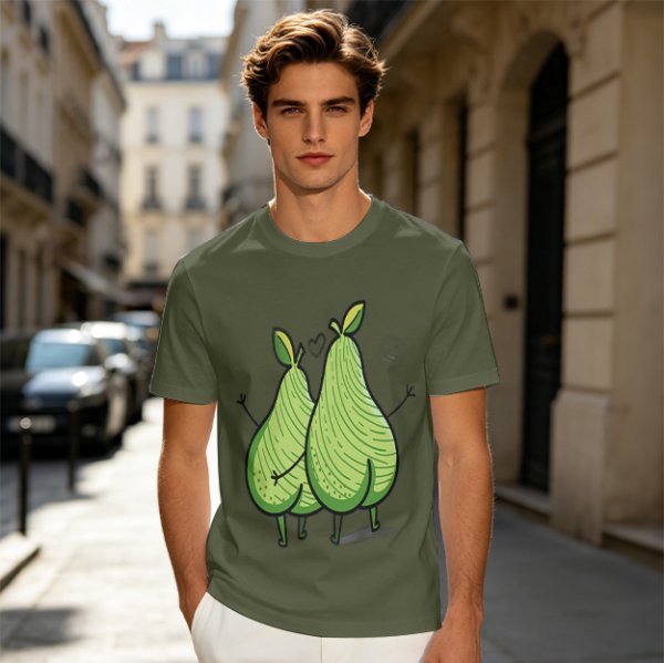 Olive Green T-Shirt With Two Cartoon Pears In Love Graphic