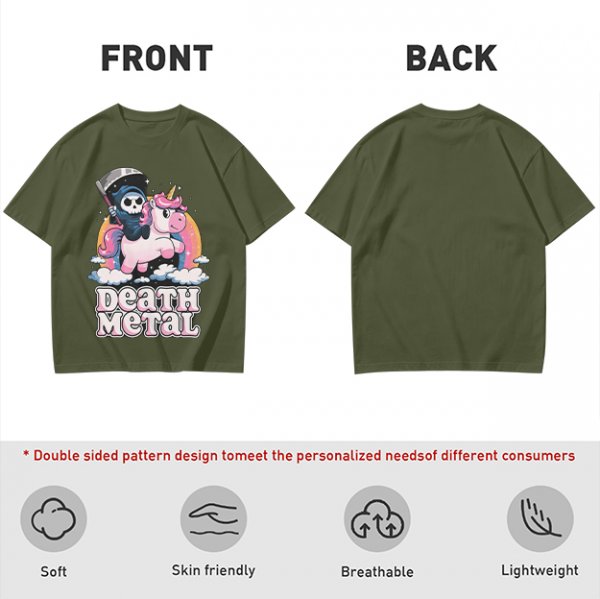 Olive t-shirt with cute grim reaper riding unicorn and death metal graphic