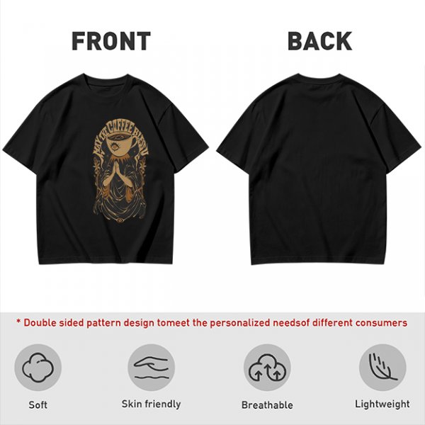 Olive green t-shirt with Pray the Coffee Brew graphic print