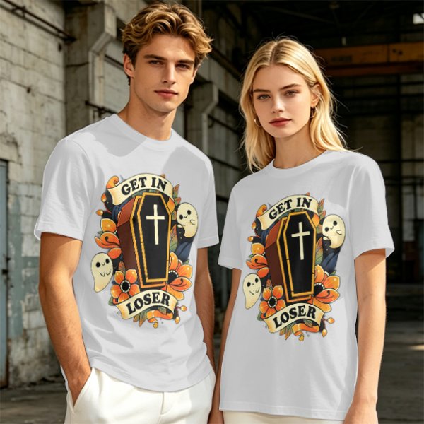 Olive Halloween T-Shirt with Get In Loser Coffin Ghost Floral Art