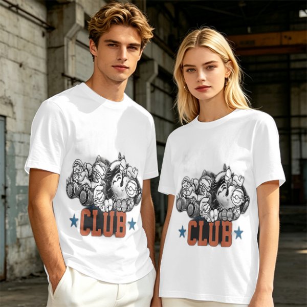 Olive T-Shirt With Cartoon Characters And 'CLUB' Graphic Print
