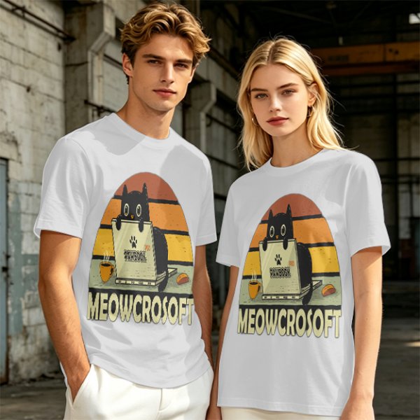 Olive t-shirt with black cat using laptop and Meowcrosoft text