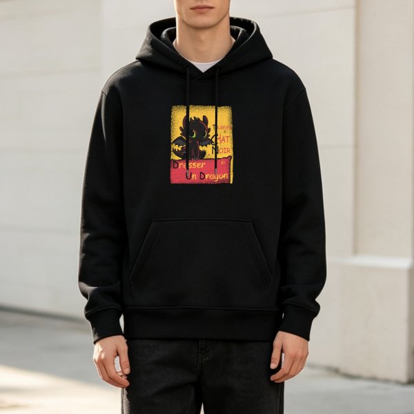 Black hoodie with cute dragon graphic and French text print