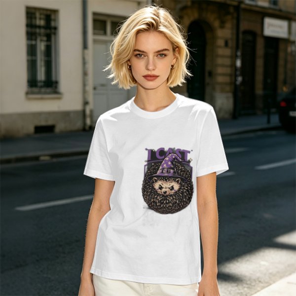 Olive green t-shirt with a hedgehog wizard graphic and 'I CAST' text