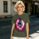 Olive anime cat character graphic t-shirt with pink abstract background