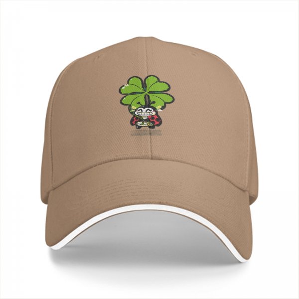 Black baseball cap with ladybug and four-leaf clover graphic