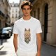 Olive green t-shirt with cute cat holding a mug print