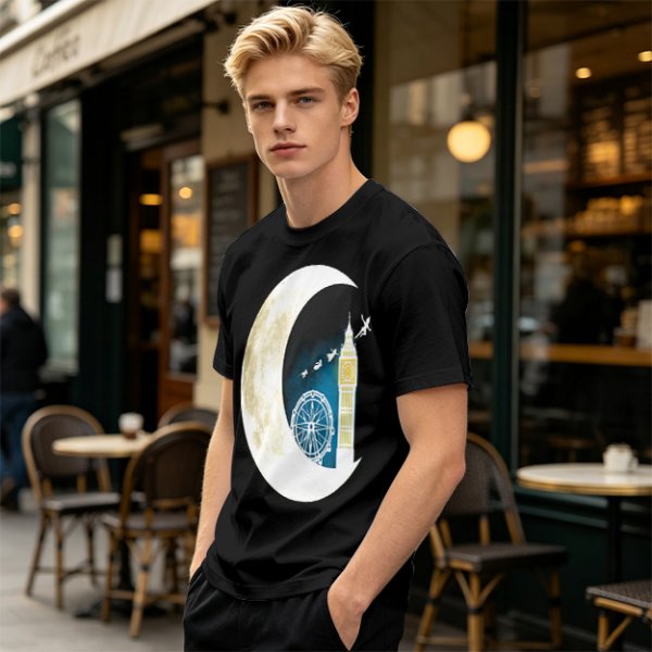 Olive T-Shirt with Crescent Moon London Skyline Flying Figures Print