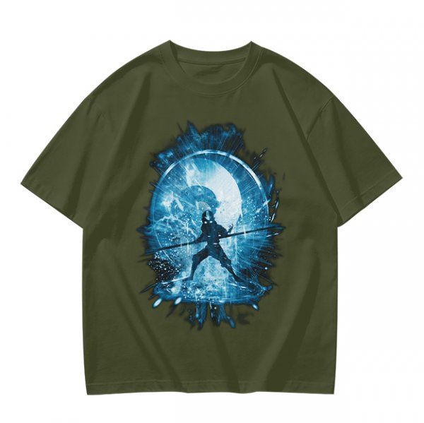 Olive T-Shirt With Blue Warrior Silhouette Graphic Print