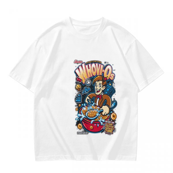 Olive t-shirt with Doctor Who themed Whov-Os cereal print
