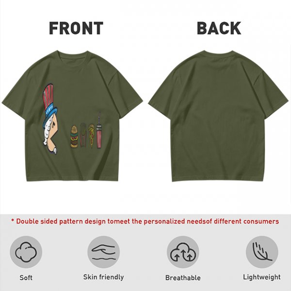 Olive T-Shirt With Uncle Sam Hat And Fast Food Graphic Print