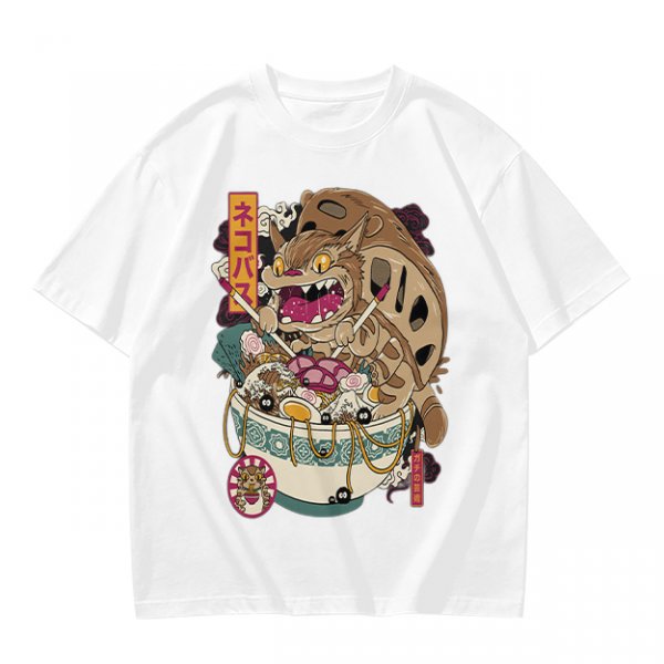 Olive t-shirt with cat bus ramen bowl graphic print