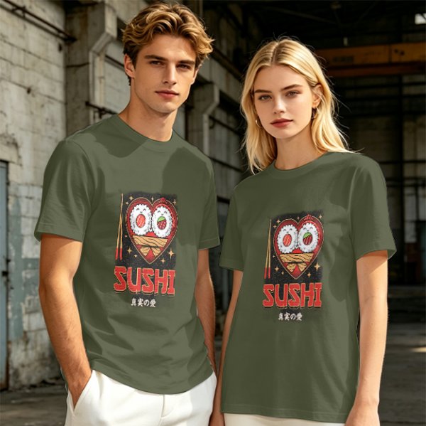 Olive T-Shirt With Cute Sushi Heart Graphic That Says I Love Sushi
