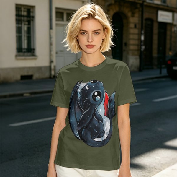 Olive T-shirt with cute starry night dragon graphic