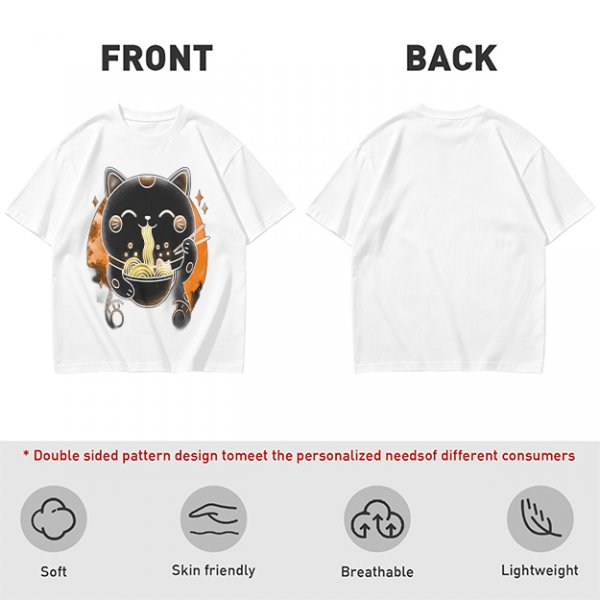 Olive T-Shirt Featuring Black Maneki-neko Cat Eating Ramen