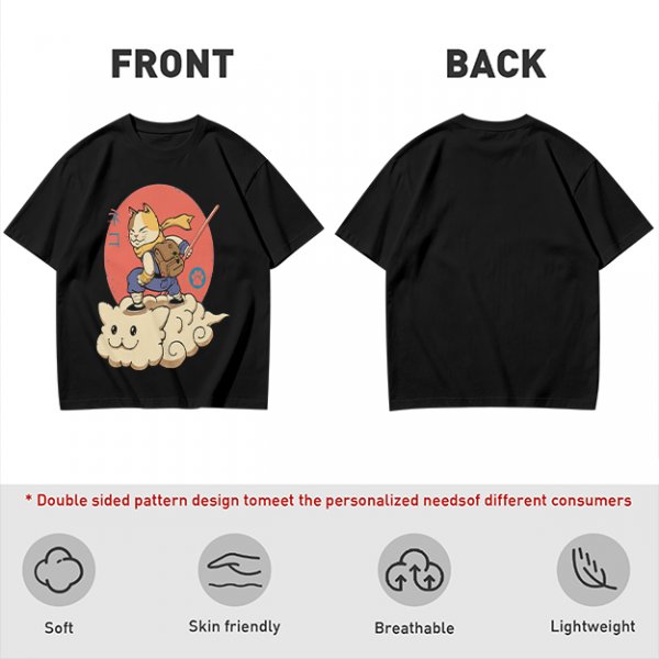 Olive T-shirt with a cat warrior riding a flying cloud graphic
