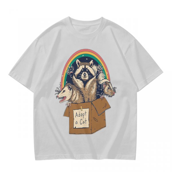 Olive T-Shirt With Raccoon Opossum Adopt A Cat Rainbow Print