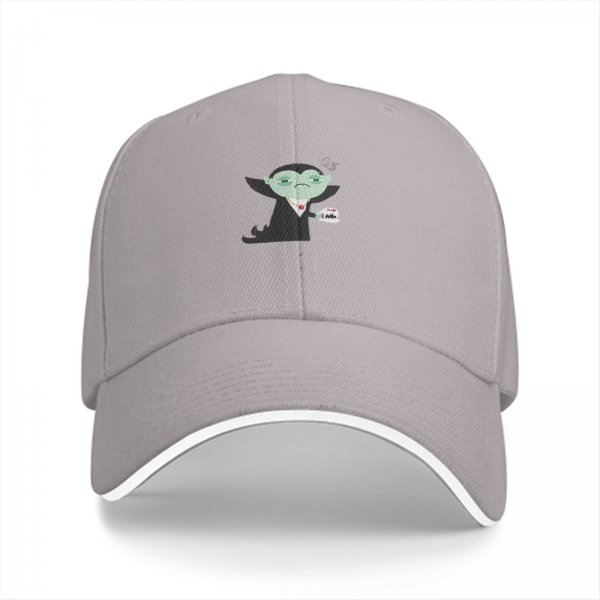 Black baseball cap with sad cartoon vampire holding blood bag print