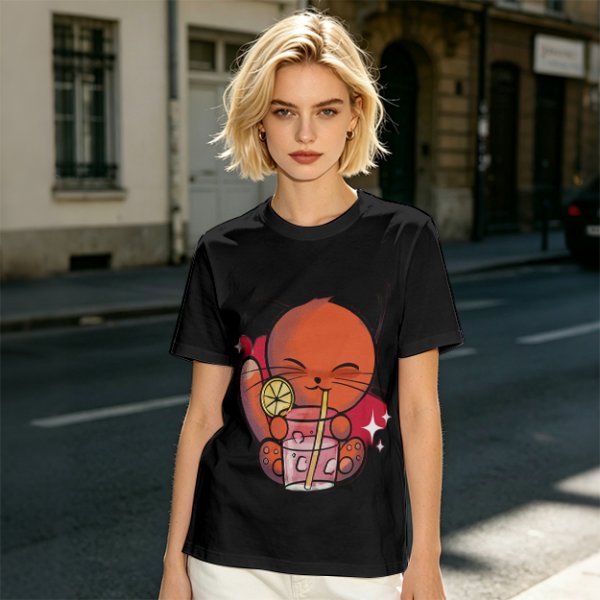 Olive Green T-Shirt With Cute Orange Cat Drinking Cocktail Graphic