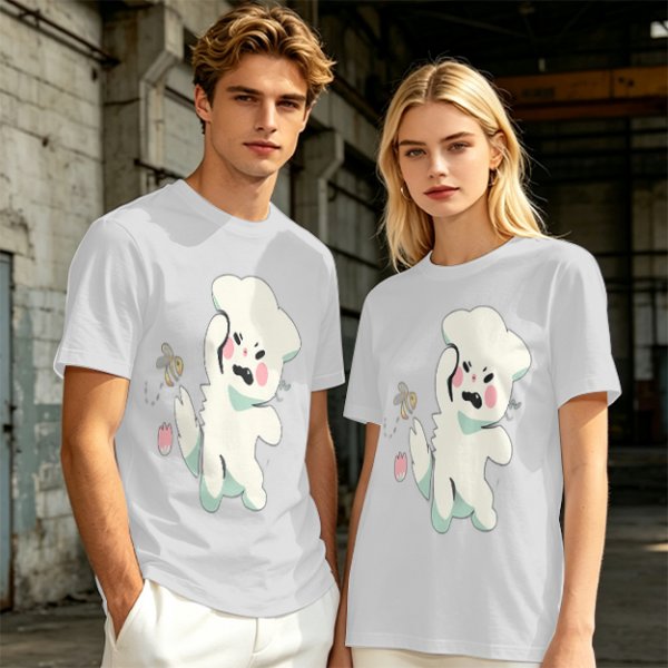 Olive T-Shirt With Angry Fluffy White Creature Swatting At Bee Print